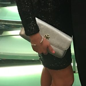 Silver Tory Burch Pebbled Clutch